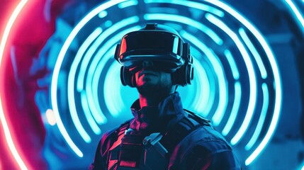 Futuristic Virtual Reality Experience with Neon Lights and Headset