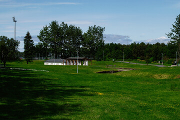 Scenic view of a park in Reykjavik, Iceland with green summer landscape