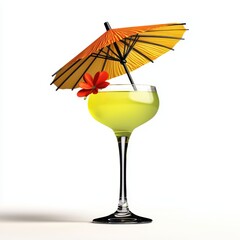 Yellow Cocktail in Stemmed Glass with Orange Paper Umbrella and Red Flower on White