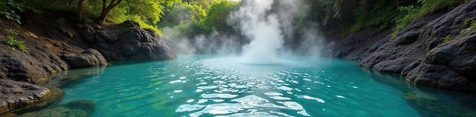 Tranquil Geothermal Hot Spring Lush Greenery, Volcanic Rock, Relaxing Wellness Water Feature