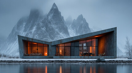 A striking modern home with warm glowing interiors sits by a serene lake amidst majestic snowy mountains.