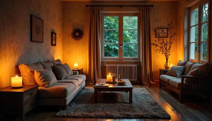 Cozy Candlelit Interior Warm and Inviting Home Scene with Soft Shadows on Wooden Furniture and Textured Walls, Perfect for Relaxation and Home Decor Themes