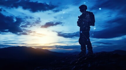 Soldier Silhouette Against Dramatic Sunset with Digital Connections