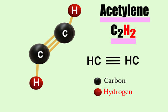 3D illustration shows the structure of acetylene, a gas made of carbon and hydrogen, commonly used in metal cutting and chemical processes.