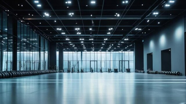 Sleek gym with floor to ceiling windows and weights