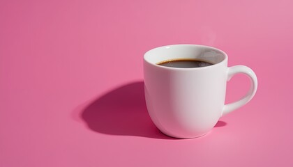 White ceramic coffee mug filled with hot coffee on a pink background.