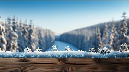 Macro Shot of Frosted Pinecone Sprigs on Rustic Wooden Railing with Defocused Snow-Covered Evergreen Forest Backdrop - Powered by Adobe