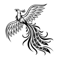 a black and white digital drawing of a phoenix.