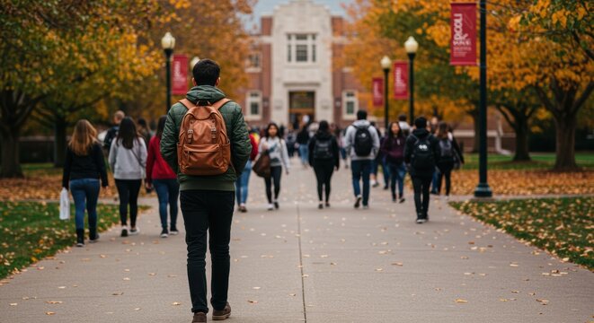 Student walks on college campus in autumn with backpack and fellow students heading to class creating vibrant fall scenery