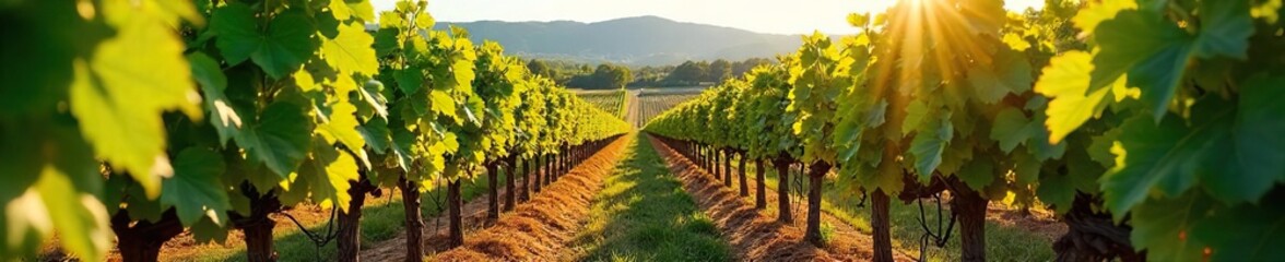 Sun-Drenched Hillside Vineyard Ripe Grapes Ready for Harvest. Picturesque rows of lush grapevines heavy with fruit, perfect for wine country imagery and autumnal harvest themes.