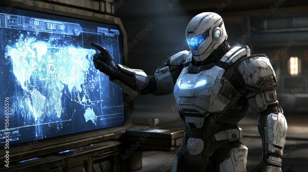 Aufkleber futuristic robot displaying digital world map with interactive interface