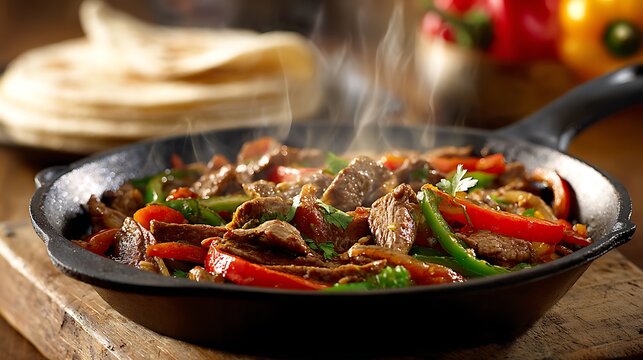 A sizzling fajita skillet served with warm tortillas
