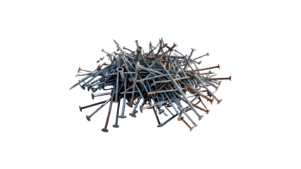 Pile of Rusty and Silver Nails on Transparent Background