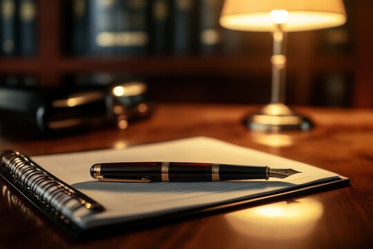 Elegant fountain pen on notebook with desk lamp
