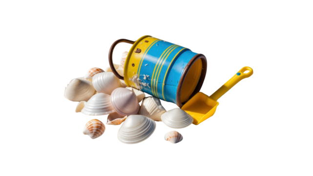 Overturned Beach Bucket with Seashells and Shovel