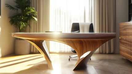 Fototapeta premium A sleek, modern wooden desk with a unique curved design stands in a bright room with natural light, a plant, and a black office chair in the background.