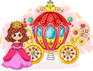 Cute princess and royal carriage. Vector illustration for kids
