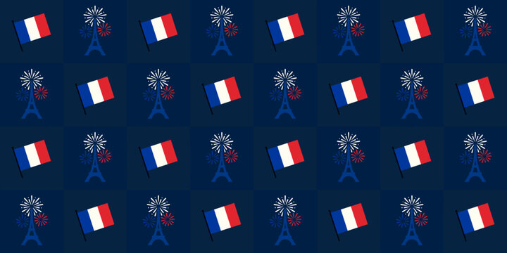 Bastille Day seamless pattern with fireworks and Tower, and French flag. Checkerboard layout. Fête nationale festive background. Eiffel Tower pattern