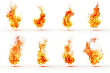 Collection of realistic fire flames isolated on a clean white background