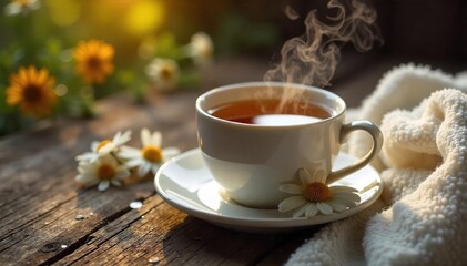 A steaming mug of calming chamomile tea sits on a rustic wooden table, next to a soft, plush blanket Perfect for a cozy evening of relaxation and tranquility , wood, evening