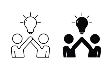  team work icon set. Businessmen handshake for a successful. Collaboration and teamwork concept. with innovation idea lightbulb.