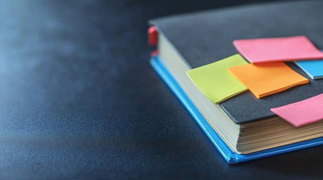 A closed book with colorful sticky notes placed on its pages lies on a dark surface, suggesting organization and study.