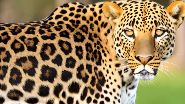 Close-up of a majestic jaguar's fur featuring its distinctive black rosette patterns on a warm, beige-toned background, creating a natural texture.