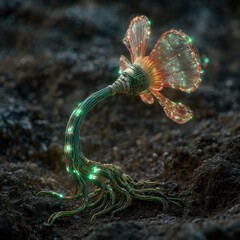 Vibrant Close-Up Of Sprouting Seed With Glowing Petals On Rich Soil Background