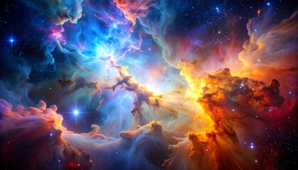 Fototapeta premium Nebulosa cósmica colorida con estrellas vibrantes y luz irradiando en el fondo del espacio profundo