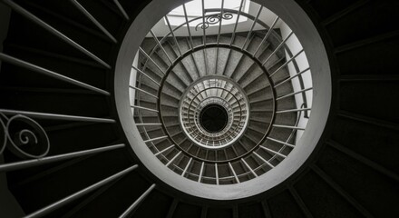 Fototapeta premium Looking Up at a Winding Circular Staircase in Monochrome