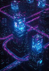 Vibrant Futuristic Cityscape With Neon Lights And Complex Roadway System At Night