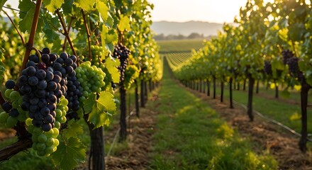 Fototapeta premium Golden hour vineyard, glowing grapes, cinematic light, abundant harvest, breathtaking view.