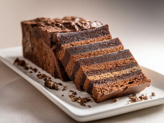 Sliced chocolate bread loaf with layered interior displayed on a plate