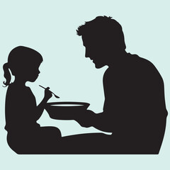 Silhouette icon of a Father giving noodles to kid home meal interaction
