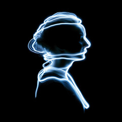 Glowing blue silhouette of woman with light trails