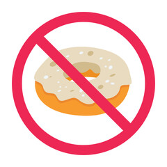 No donuts sign, forbidden donuts sign, donut prohibited symbol, no sweet food sign, white donut with red cross icon