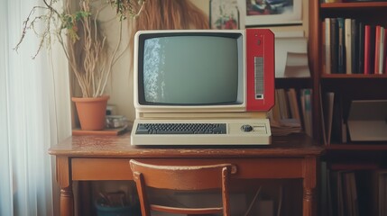 A vintage computer sits on a wooden desk in a cozy, book-filled room with a potted plant and a wooden chair, evoking a nostalgic home office vibe.