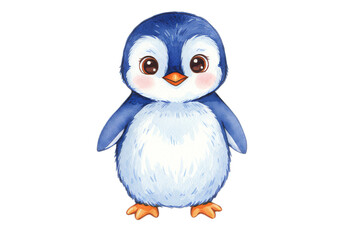 Fototapeta premium Illustration of a cute penguin with blue and white feathers standing on a black background alone