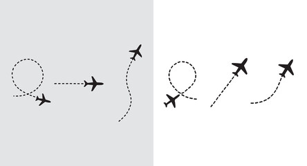 Airplane Flight Path Illustrations Depicting Different Routes and Directions with Dotted Lines on Contrasting Backgrounds Displayed Side by Side