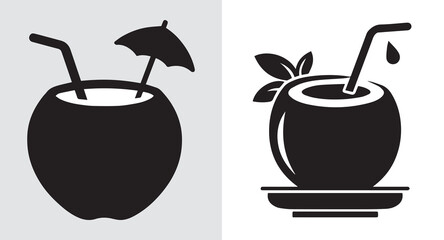 Tropical Refreshment Two Black and White Coconut Drink Illustrations Featuring Straws and Umbrella or Leaves Serving as Garnishes
