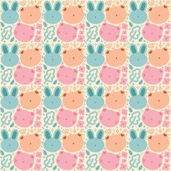 Seamless Cute Animal Pattern with Bunny, Bear, and Cat Faces in Pastel Colors