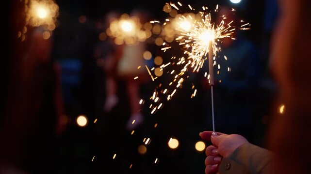 People holding sparklers in their hands, illuminating the night with vibrant sparkles and creating a festive, celebratory atmosphere filled with warm light and lively energy.