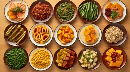 A colorful collection of delicious Easter eggs, healthy vegetables, and various food dishes