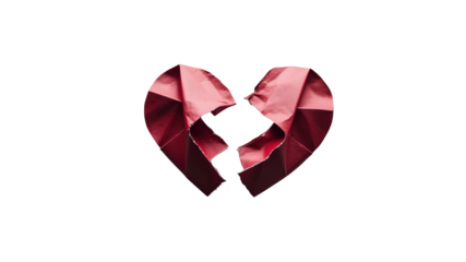 Broken Heart - Red Paper Origami Heart Shape Torn Apart on Transparent Background