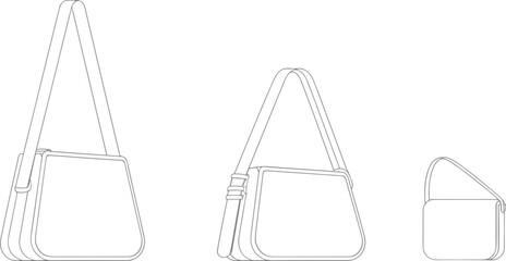 Minimalist technical line drawing of three modern crossbody handbags in different views, fashion design sketch, clean vector outline.