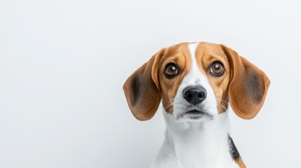 Close-Up Portrait of a Playful Beagle Dog with Curiosity and Expressive Eyes on a Minimalistic White Background
