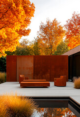 Modenr garden in autumn,with neutral earthy tones, plants and a small reflecting pool