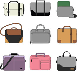 Set of 9 minimalist messenger and satchel bag illustrations – modern men’s bag vector icons for branding and digital design