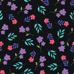 Midnight garden flowers seamless pattern. Dark floral vector surface design of bright pink purple flowers