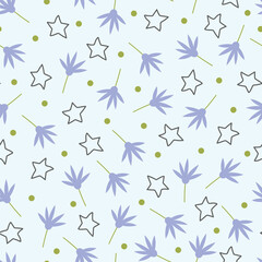 Pastel blue flowers seamless pattern. Floral vector surface design of whimsical flowers, polka dots and stars